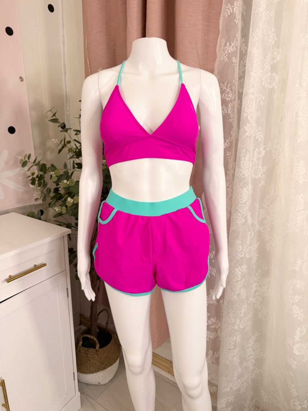 Hot Pink and Aqua Two-Piece Swim Bikini Set NWOT BIN#8